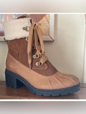 Blondo “Navin” Tan and Cream Distressed Leather Ankle Boots